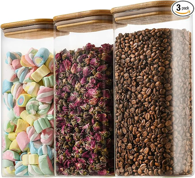 Effective 64oz Rectangle Airtight Glass Storage Containers with Bamboo Lids Set of 3 Square Food Storage Jar Pantry Organizers for Ce Flour Pasta and Coffee beans ‎with Black Lable About ThisOverview Solid