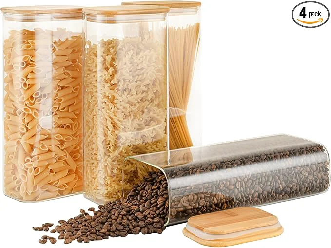 Fine 71oz Rectangle Airtight Glass Storage Containers with Bamboo Lids Set of 4 Square Food Storage Jar Pantry Organizers for Sugar Flour Spaghetti and Coffee beans ‎with Black Lable About ThisOverview Artisan