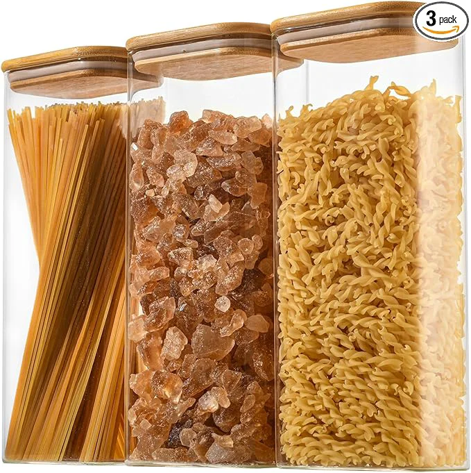 High-Performance 71oz Rectangle Airtight Glass Storage Containers with Bamboo Lids Set of 3 Square Food Storage Jar Pantry Organizers for Sugar Flour Spaghetti and Coffee beans ‎with Black Lable About ThisOverview Traditional