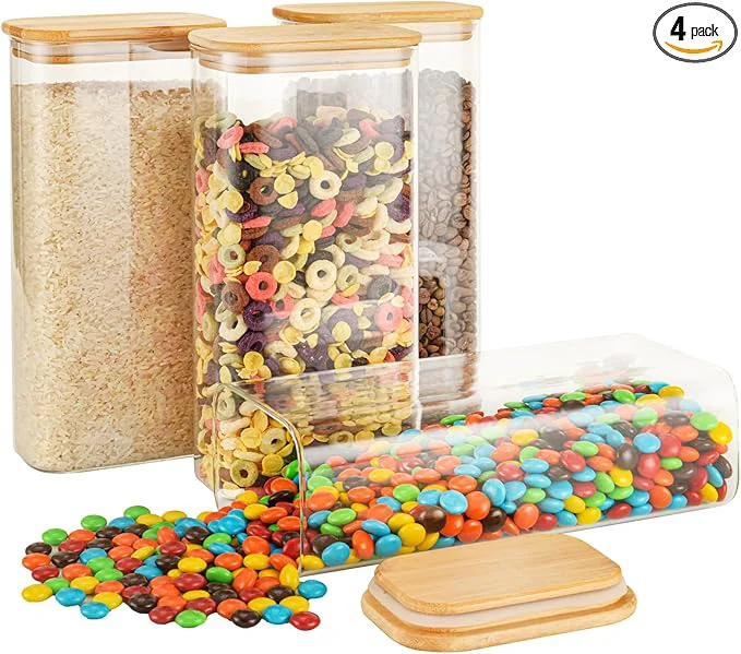 Minimalist 64oz Rectangle Airtight Glass Storage Containers with Bamboo Lids Set of 4 Square Food Storage Jar Pantry Organizers for Ce Flour Pasta and Coffee beans ‎with Black Lable About ThisOverview Original Design