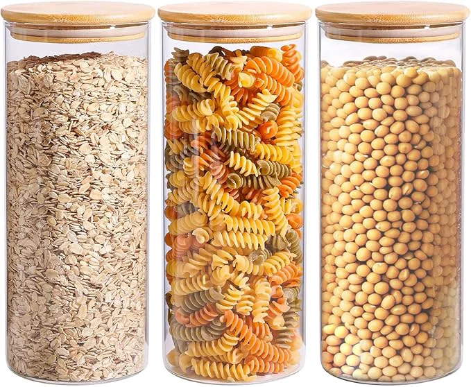 Environmentally Friendly ComSaf 1.7 Qt Glass Storage Containers with Lids Glass Jars with Lids Clear Food Storage Jar Round Canister Set of 3 Pantry Organizers for Pasta Flour Cookie Rice Tea Coffee BeanAbout ThisOverview Fine