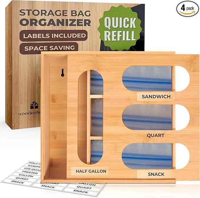 Luxury Bamboo Storage Bag Organizer Sandwich Bag Organizer - Single block Design with Labels Included Baggie Organizer for drawer Quick Refill Slider Compatible with Half Gallon Quart Snack size bagsAbout ThisOverview Powerful