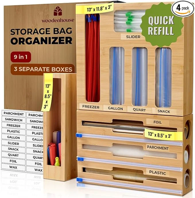 Recyclable Bamboo Storage Bag Organizer 9 in 1 Sandwich Bag Organizer Foil Wrap Dispenser with Labels – Fits Gallon Quart Snack Measure Your Drawer Before Ordering About ThisOverview Superior