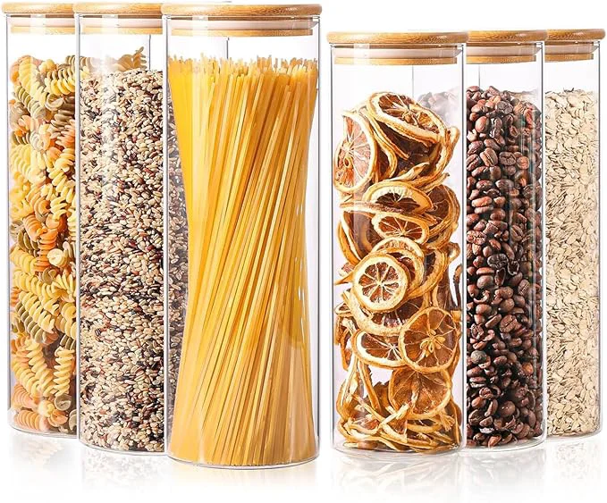 Superior ComSaf Glass Food Storage Jars Set of 6 Tall Glass Storage Containers with Lids Spaghetti Jar Canisters Set for the kitchen Pasta Flour Nuts Oat Coffee and Sugar Container Pantry OrganizationAbout ThisOverview Smooth
