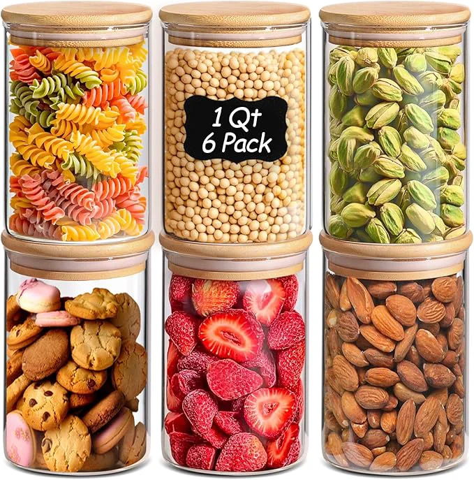 Effective ComSaf 1 Qt Glass Storage Containers with Lids Glass Jars with Lids Clear Food Storage Jar Round Canister Set of 6 Pantry Organizers for Cookie Pasta Flour Rice Tea Coffee BeanAbout ThisOverview Elite