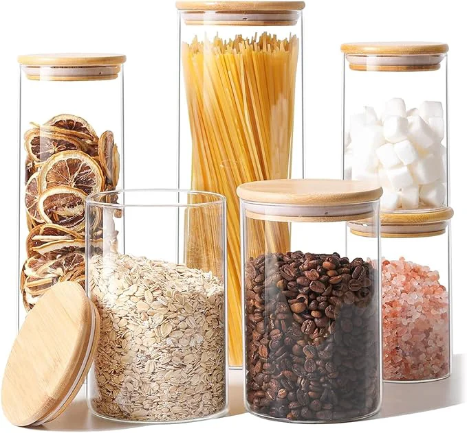 Top-Quality ComSaf Glass Food Storage Jars Set of 6 Clear Glass Storage Containers with Lids Canisters Sets for the kitchen Spaghetti Pasta Flour Nuts Oat Coffee and Sugar Container Pantry OrganizationAbout ThisOverview Reusable