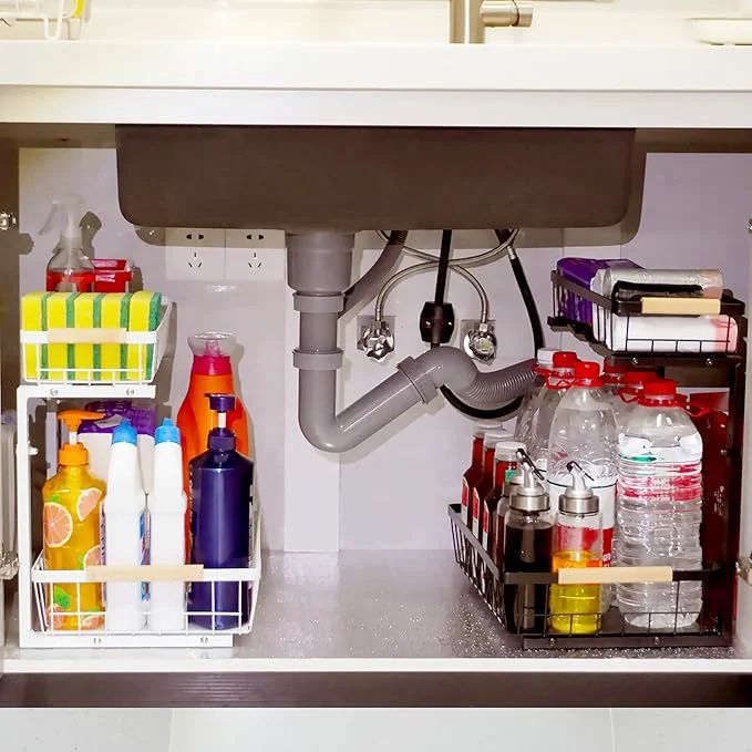 Versatile Under Sink Organizer 2 Tier Pull Out Cabinet Organizers and Storage for Kitchen Bathroom Pantry Laundry Adjustable Height Slide Out Thickened Metal Storage Shelf Black 1 Pack About ThisOverview Dependable