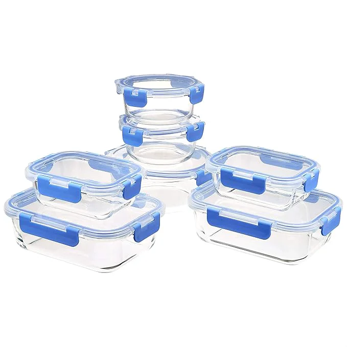 Trendy Amazon Basics Glass Food Storage Containers with Locking Lids Set of 7 14 pieces including lids BPA- clear with blue silicone ringAbout ThisOverview Functional