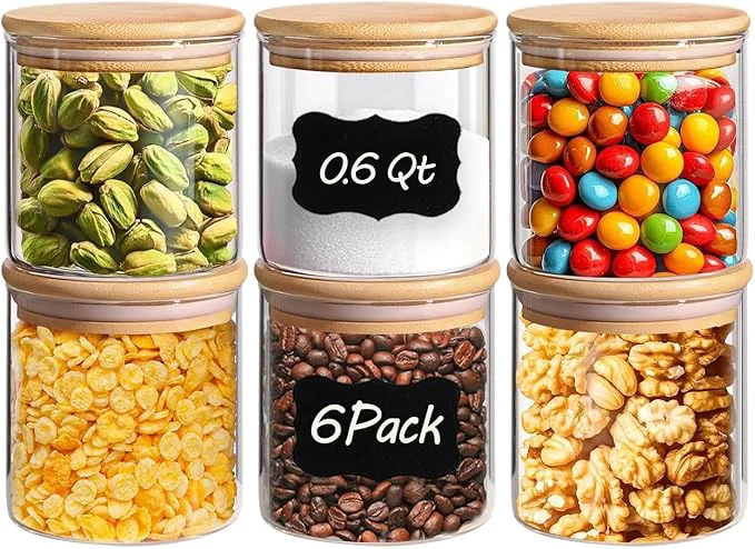 Certified ComSaf Airtight Glass Food Storage Jars Set of 6 0.6 Qt Clear Glass Food Storage Container with Sealing Wooden Lid Stackable Spice Jar Round Kitchen Canister for Sugar Tea Coffee bean Pasta OatAbout ThisOverview Authentic