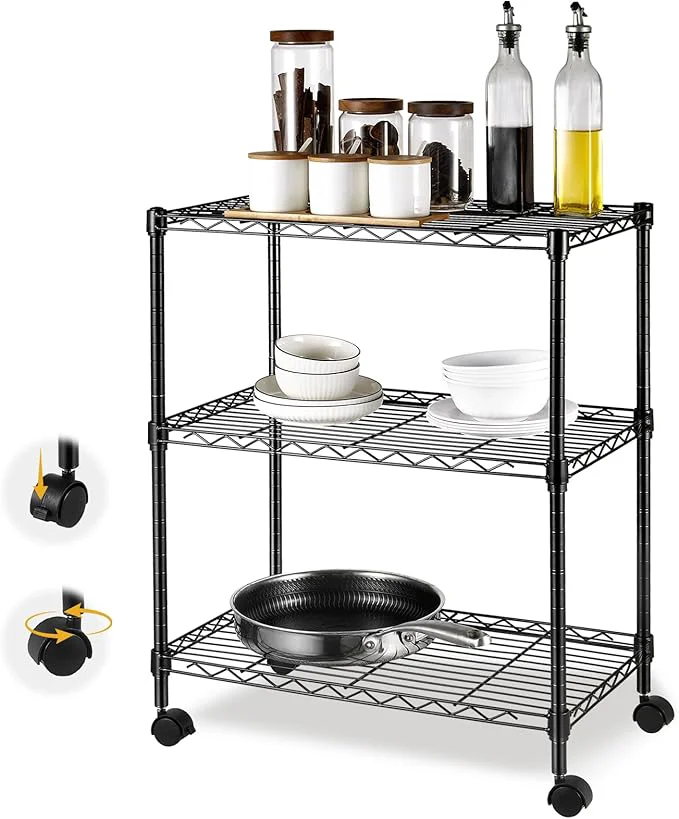 Traditional 3-Tier Storage Shelves Steel Plant Stand Household Sturdy Mesh Metal Storage Rack Unit with 360°Removable Wheels for Kitchen Living Room Bathroom Laundry Room Pantry Garage Max Load Capacity 200 lb About ThisOverview User-Friendly