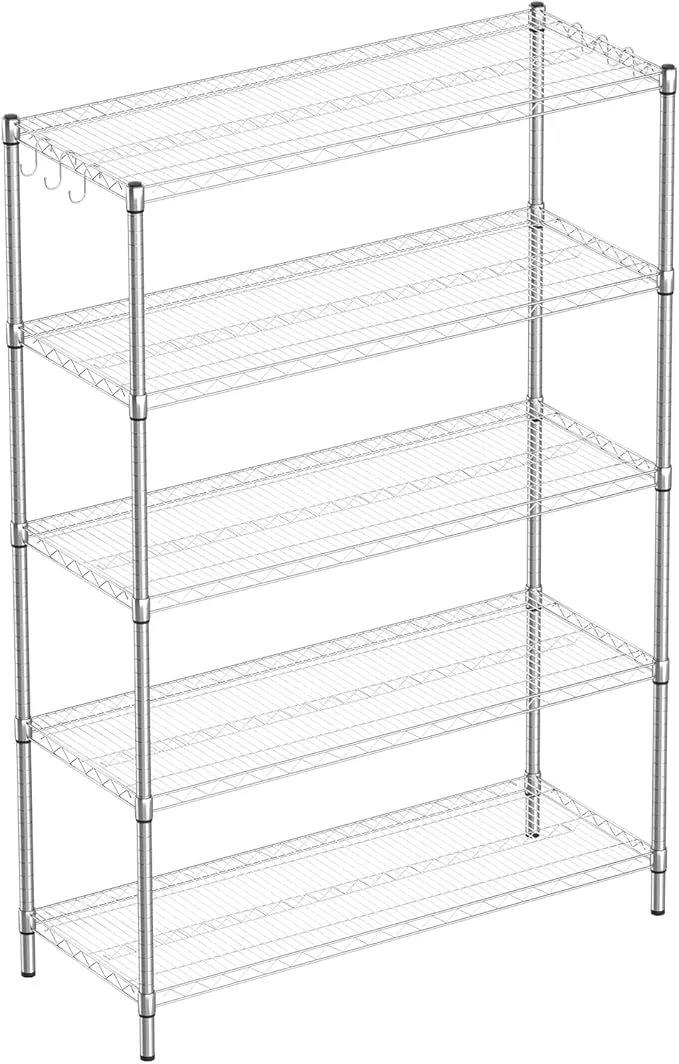 Durable 5-Shelf Adjustable Metal Shelf Wire Shelving Unit Heavy Duty Storage Rack Display Shelf for Office Kitchen Bedroom Bathroom Laundry Pantry Basement Garage Chrome 48 L x 18 W x 72 H About ThisOverview Excellent