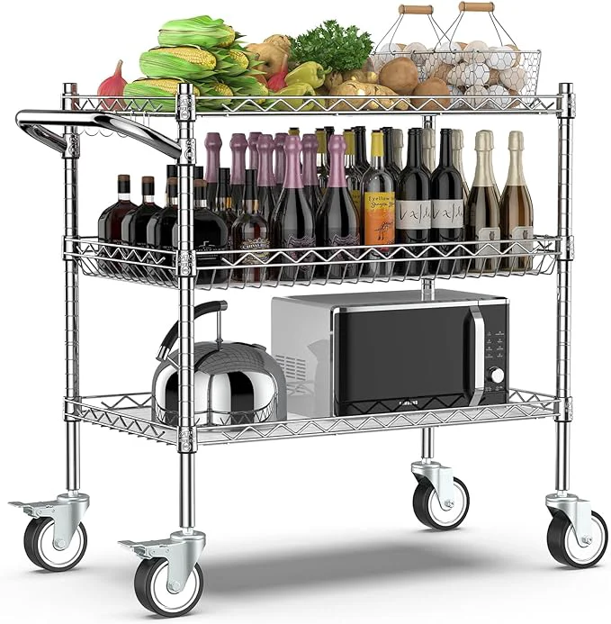 Comfortable Leteuke 3 Tier Rolling Carts with Wheels Heavy Duty Rolling Utility Cart NSF Commercial Grade Metal Cart with Handle Shelf Liner Trolley Serving Cart for Kitchen Restaurant Plant Display ChromeAbout ThisOverview Innovative