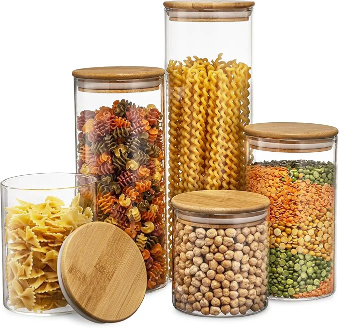 Elite Set of 5 Glass Kitchen Canisters with Airtight Bamboo Lid - Glass Storage Jars for Pantry Organization and Bathroom for Flour Coffee Cookie Jar Candy Snack Pasta Rice Sugar Packet HolderAbout ThisOverview User-Friendly