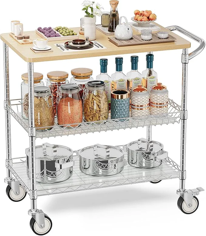 Next-Generation Leteuke Rolling Kitchen Carts with Wheels 34 L x 17.5 W 3-Tier Heavy Duty Utility Cart with Wood Tabletop NSF Commercial Metal Serving Cart with Handle and Shelf Liner for Kitchen ChromeAbout ThisOverview Quality