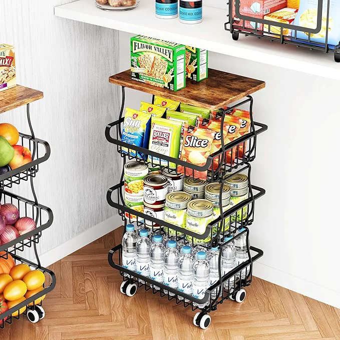 Flexible 4 Tier Pantry Organizers and Storage Cart with Rolling Wheels Stackable Metal Pantry Baskets for Pantry Shelves Kitchen Fruit Basket Stand and Storage Rack for Snack Bottled Water Vegetable BathroomAbout ThisOverview Genuine