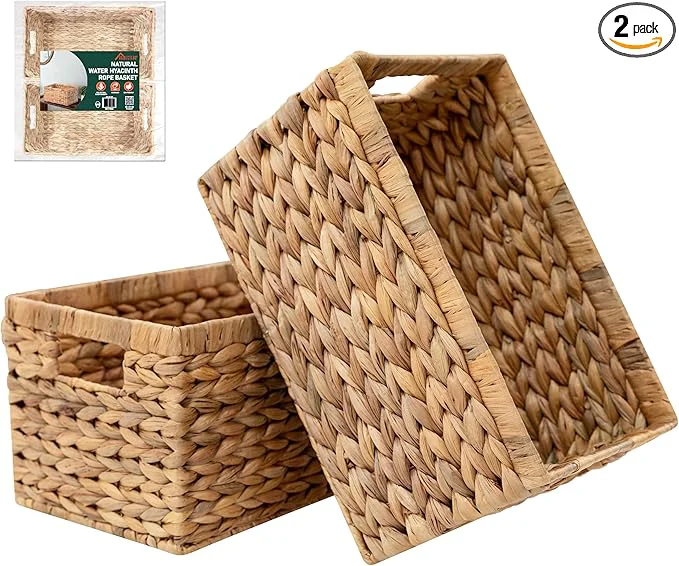 Reusable 2-Pack Handwoven Water Hyacinth Storage Baskets with Handles Wicker Bins for Pantry Organization Shelf or Closet Organizer Decorative Boho Rectangular Basket 13.5 x 8 About ThisOverview Breathable