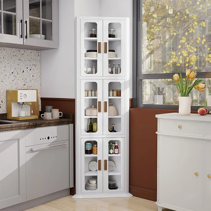 Fashionable VECELO 3-Tier Tall Corner Cabinet with Doors Adjustable Shelves Waterproof Dustproof Easy to Clean Anti-tip Space Saving Corner Storage Cabinet for Kitchen Living Room Bathroom WhiteAbout ThisOverview Selected