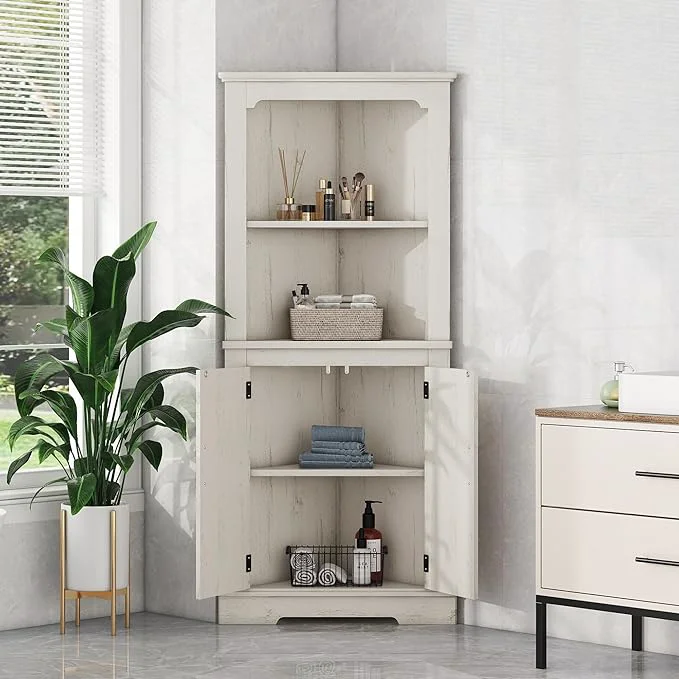 Artisan KEIKI Tall Corner Cabinet with Open Shelves and Concealed Storage Space-Saving Design for Living Room Bathroom and Bedroom - Wood Grain BeigeAbout ThisOverview Organic