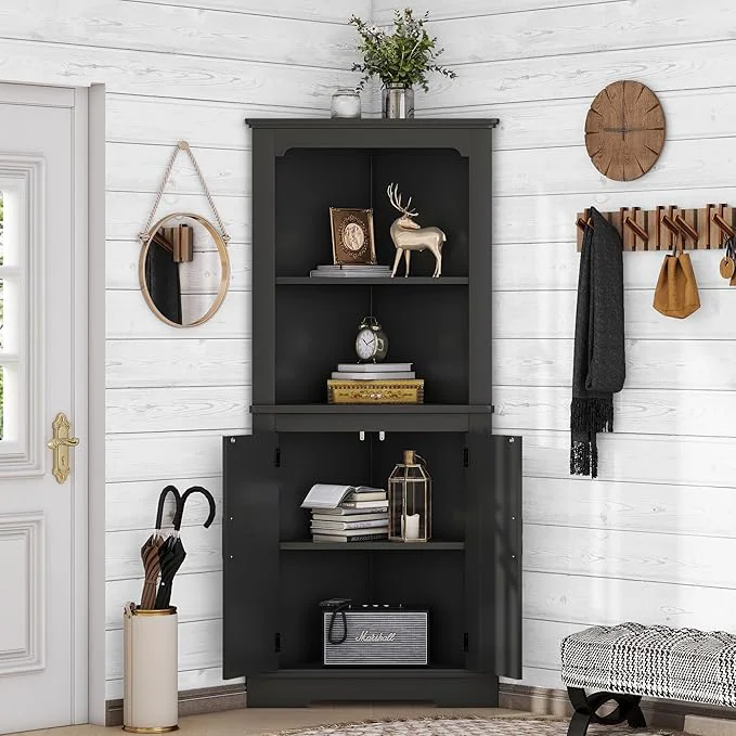 Fine Crafted KEIKI 69.3 Corner Storage Cabinet with Round Edges 2 Open Shelves and Door for Maximum Storage in Small Spaces Stylish - BlackAbout ThisOverview Soft