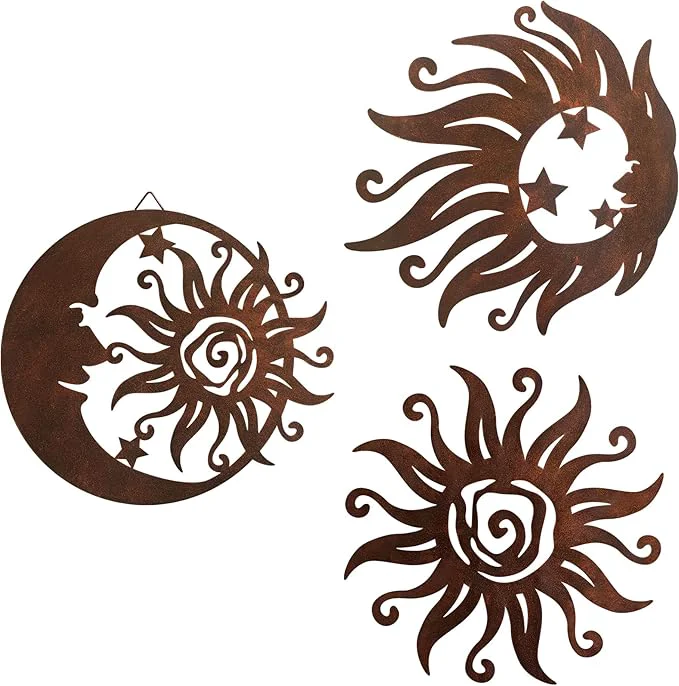 Specialty VividLadybug Sun Moon Wall Hanging Wall Sculpture Metal Wall Art Indoor Outdoor Decor Rust Colored Rust Proof Wall Sculpture - I for Bedrooms Gardens Homes Patios and Farmhouses Set of 3About This Powerful