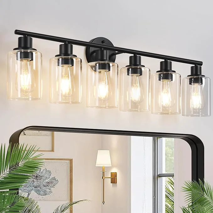 Convenient 6-Light Bathroom Light Fixtures Black Modern Vanity Lights with Clear Glass Shade Bathroom Wall Lamp for Mirror Kitchen Living Room Hallway Cabinet PorchAbout ThisOverview Specialty