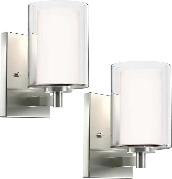 Fine Kalium Wall Sconces Set of Two Modern Vanity Lights with Double Clear Glass Shade Brushed Nickel Indoor Farmhouse Wall Light for Bathroom Living Room Bedroom Hallway Bulb E26 Base 2PCS About ThisOverview Easy-to-Use