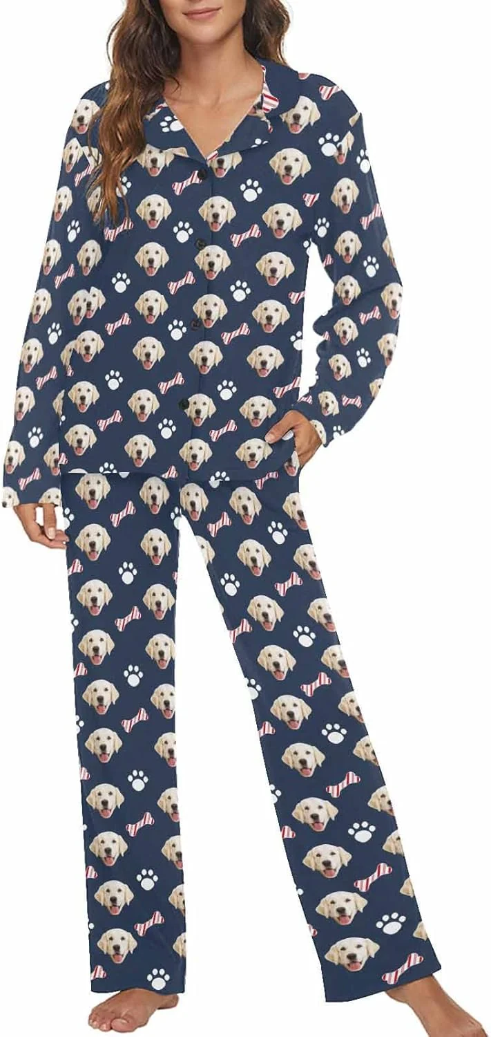 Lightweight MyPupSocks Custom Face Pajamas for Women Set Personalized Photo Long Sleepwear XS-XXL Artisan