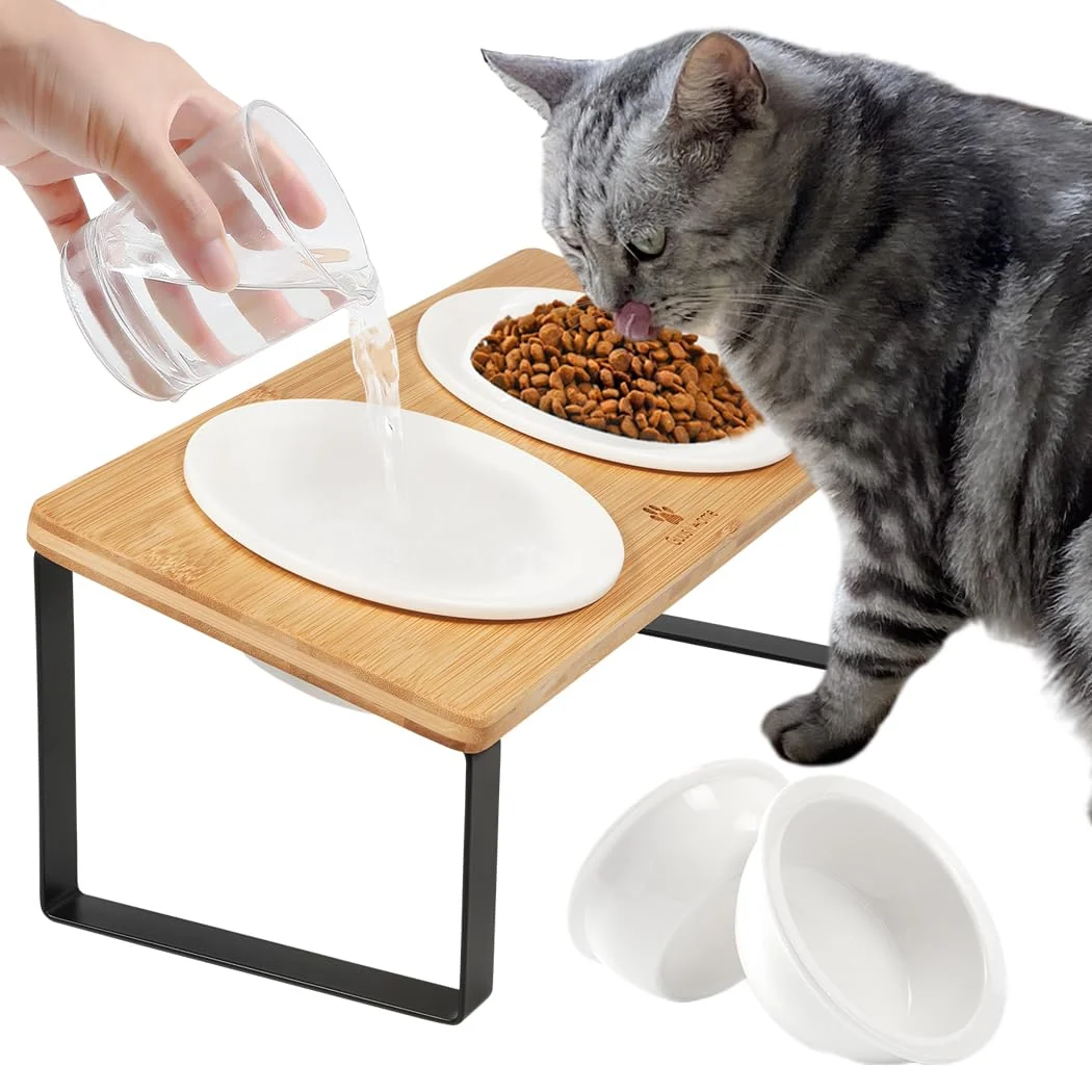 Safe Sunhoo d Cat Bowls – Ergonomic Raised Ceramic Feeding Station 4 Bowls Wooden Stand Optimized