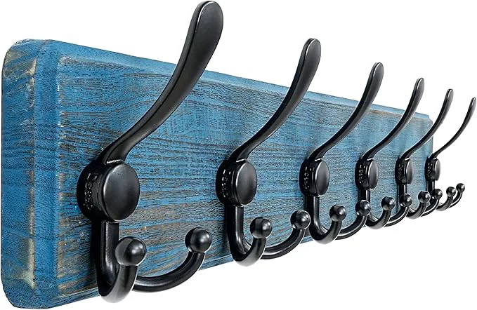 Natural Dseap Coat Rack Wall Mounted - 24 Long 6 Tri Hooks Heavy Duty Wooden Wall Coat Hanger Coat Hook for Clothes Hat Jacket Clothing Weathered Blue and BlackAbout ThisOverview Responsible