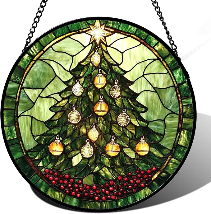 World-Class Stained Glass Window Hanging - Green Christmas Tree Golden Bells Suncatcher for Doors Home Christmas Decoration Sun Catcher Thanksgiving New Year Birthday Gift for Women Men Mom Nana 7.8 inAbout This Authentic