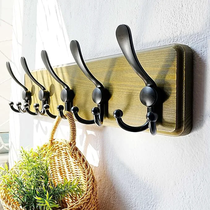Pure Dseap Wall Mount Coat Hanger - Heavy-Duty Robust Barnwood-Style Wooden Hook Rail with 5 Triple Hooks for Winter Coats Hats Jackets Weathered Green BlackAbout ThisOverview Convenient