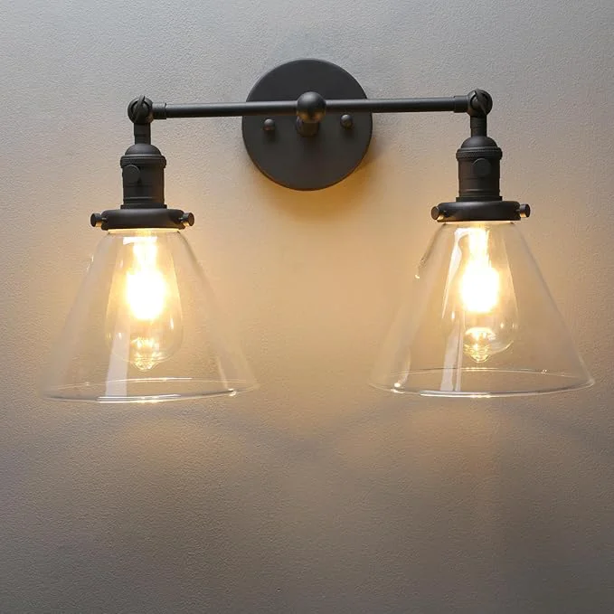 Artisan PERMO Double Sconce Vintage Industrial 2-Lights Sconce Antique Wall Sconces with Funnel Flared Glass Clear Glass Shade Vanity Light for Bathroom Matte Black About ThisOverview Luxury
