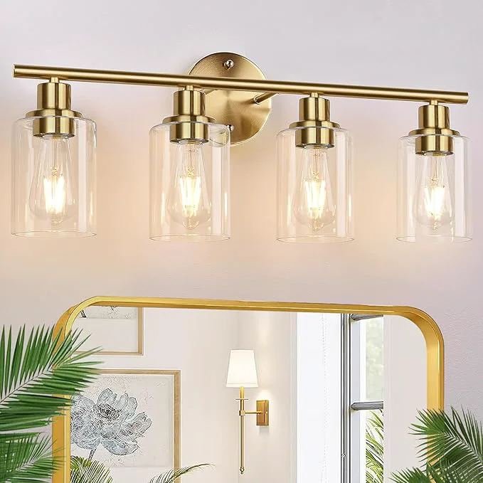 Trusted 4-Light Bathroom Light Fixtures Brushed Gold Modern Vanity Lights Over Mirror with Clear Glass Shade Bathroom Wall Lamp for Mirror Kitchen Living Room Hallway Cabinet Porch Bedroom Reading roomAbout ThisOverview Top-Quality