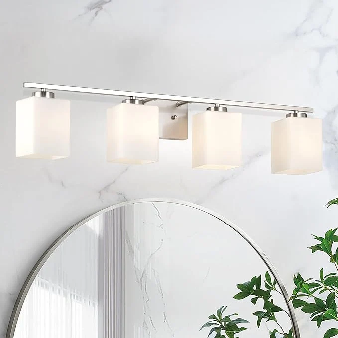 Fine Edvivi Bathroom Light Fixtures 4-Light Modern Brushed Nickel Vanity Light Over Mirror Wall Sconces with Square White Glass Shades for Living Room Bedroom Hallway E26 BaseAbout ThisOverview Fast