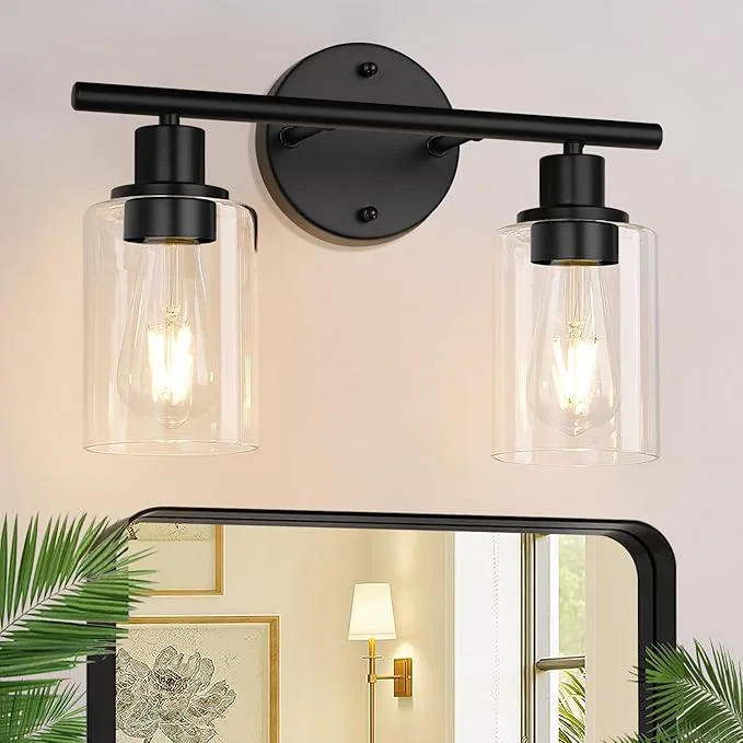 User-Friendly 2-Light Bathroom Light Fixtures Black Modern Vanity Lights with Clear Glass Shade Bathroom Wall Lamp for Mirror Kitchen Living Room Hallway Cabinet PorchAbout ThisOverview Long-Lasting