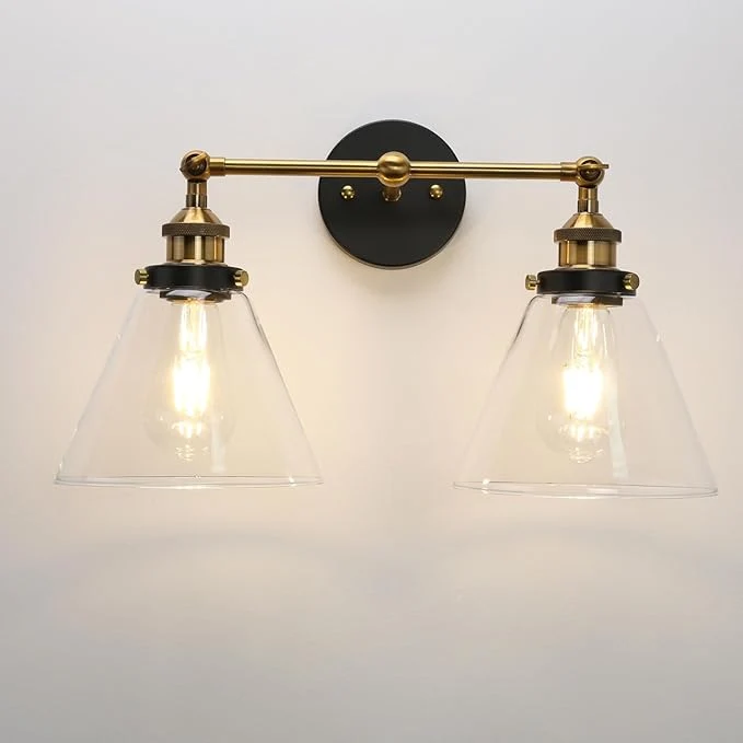 First-Class PERMO Industrial 2-Lights Wall Sconces with Dual Funnel Clear Glass Shade Double Sconce Antique Wall Sconce for Mirror Hallway Bedroom Hardwired E26 BaseAbout ThisOverview Organic