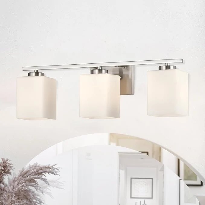 Smooth Edvivi Bathroom Light Fixtures 3-Light Modern Brushed Nickel Vanity Light Over Mirror Wall Sconces with Square White Glass Shades for Living Room Bedroom Hallway E26 BaseAbout ThisOverview Carefully Designed