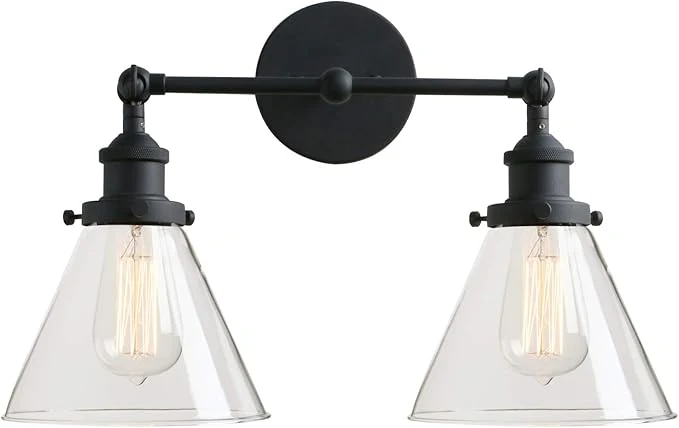 Sophisticated PERMO Industrial Double Sconce 2-Lights Wall Sconces with Dual Funnel Clear Glass Shade Wall Sconce for Mirror Hallway Bedroom Hardwired E26 Base Black About ThisOverview Smart