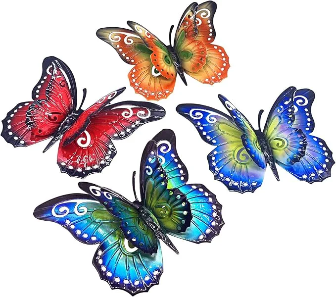 Long-Lasting Metal Butterfly Outdoor Wall Decor- 6.5'' 3D Metal Colorful Hanging Double Wings Butterflies for Garden Yard Decoration Outdoor or Indoor Decor Gifts for Mom Dad Friends 4 Pack About ThisOverview Easy-to-Use