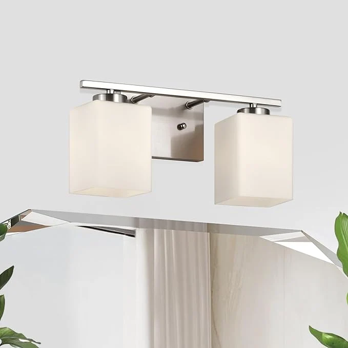 World-Class Edvivi Bathroom Light Fixtures 2-Light Modern Brushed Nickel Vanity Light Over Mirror Wall Sconces with Square White Glass Shades for Living Room Bedroom Hallway E26 BaseAbout ThisOverview Innovative