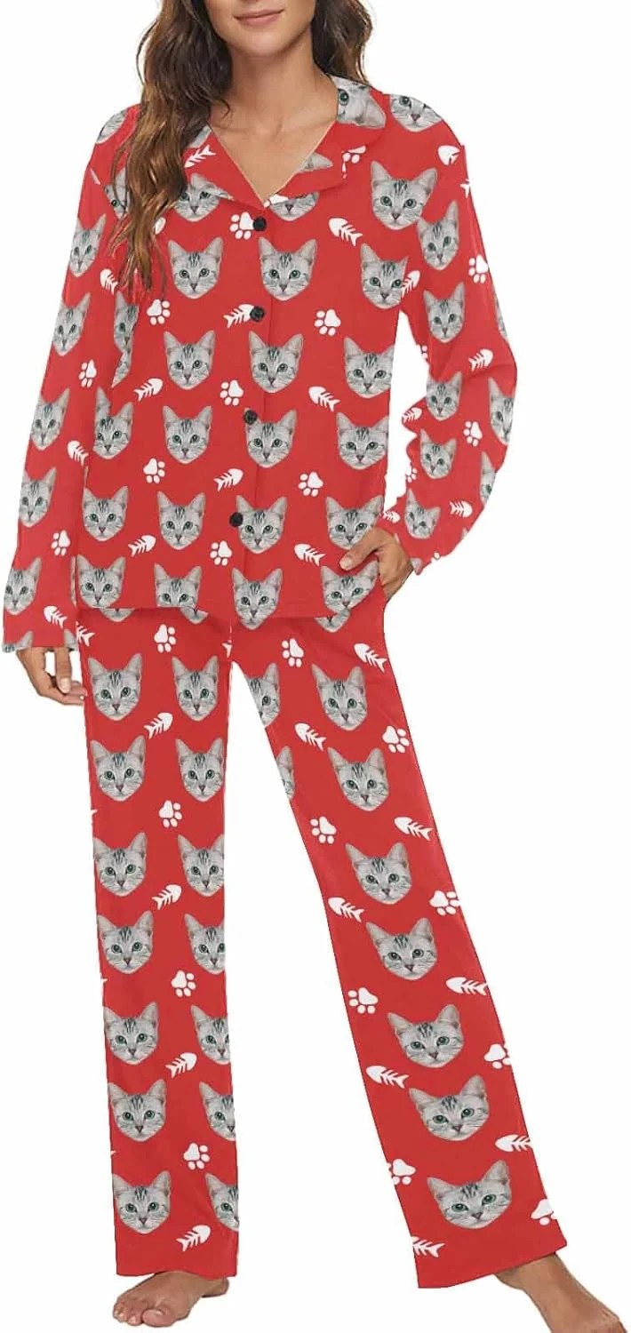 Next-Generation MyPupSocks Custom Face Pajamas for Women Set Personalized Photo Long Sleepwear XS-XXL Solid