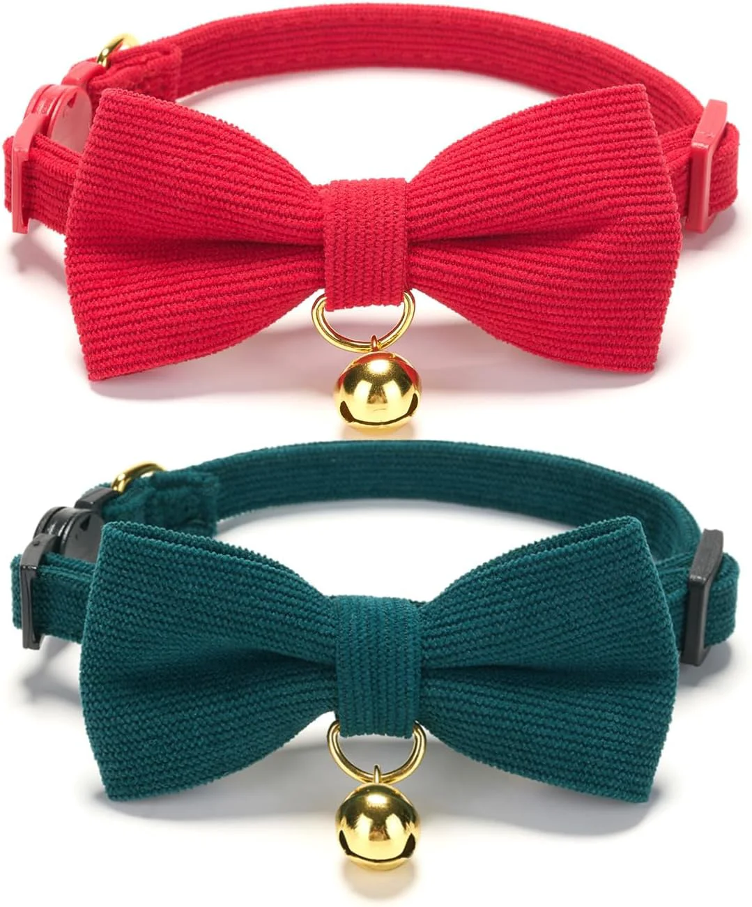 Superior 2 Pack Soft Corduroy Christmas Cat Collars with Bow Tie Bell Adjustable Breakaway Cotton Kitty Bowtie Collar for Girl Boy Kitten Red Green Top-Quality