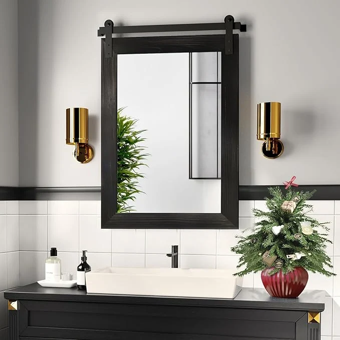 High-End COGOOD Farmhouse Barn Door Mirror - 21 x 30 Rustic Wood Framed Wall Mirror for Bathroom Living Room Entryway Wall Decor Black About ThisOverview Advanced