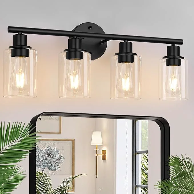 Convenient 4-Light Bathroom Light Fixtures Matte Black Modern Vanity Lights Over Mirror with Clear Glass Shade Bathroom Wall Lamp for Mirror Kitchen Living Room Hallway Cabinet Porch Bedroom Reading roomAbout ThisOverview User-Friendly
