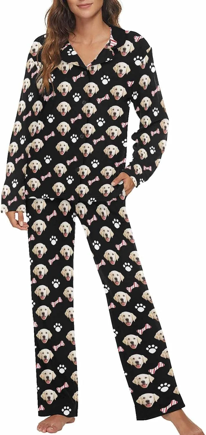Durable MyPupSocks Custom Face Pajamas for Women Set Personalized Photo Long Sleepwear XS-XXL Safe