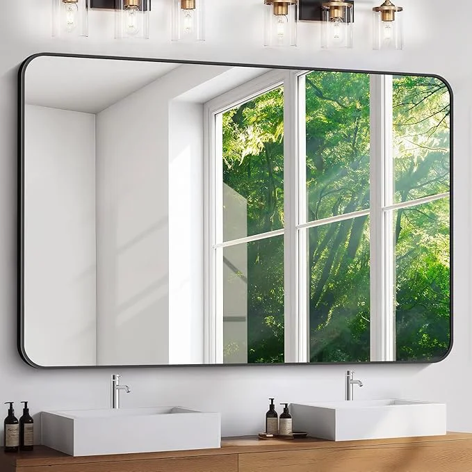 Responsible FORBATH Large Bathroom Mirror 60 x 40 Black Rectangle Metal Framed Rounded Corner Wide Wall Mounted Mirror for Bathroom Bedroom Entryway Decor Horizontal Vertical About ThisOverview High-End