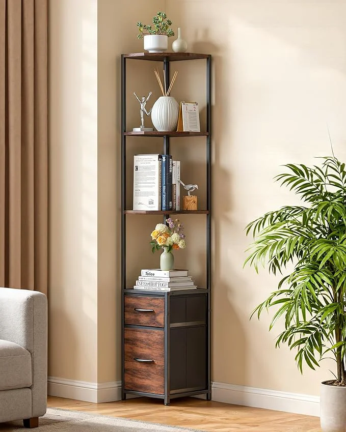 Recyclable Housolution Corner Shelf Stand with Storage 63.8'' Tall 6-Tier Corner Bookshelf Includes 2 Fabric Drawers standing Corners Storage Shelf for Living Room Bedroom Kitchen Bathroom Black Brown About ThisOverview Professional