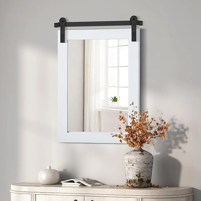 Classic COGOOD Farmhouse Barn Door Mirror - 21 x 30 Rustic Wood Framed Wall Mirror for Bathroom Living Room Entryway Wall Decor Pure White About ThisOverview Fine