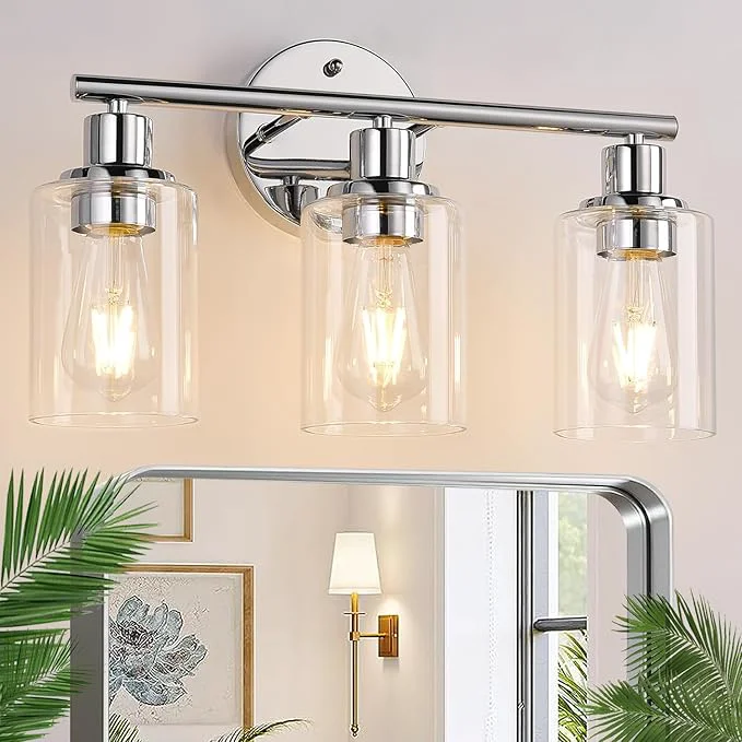 Sophisticated 3-Light Bathroom Light Fixtures Chrome Bathroom Wall Light with Clear Glass Shade Bathroom Wall Lamp for Mirror Kitchen Living Room Hallway CabinetAbout ThisOverview Healthy