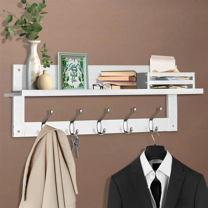 Official Wall Hooks with Shelf 29.25 inch Coat Rack Wall Mount with Mail Organizer Box Wooden Hat Rack with 5 Hooks Coat Hanger and Key Holder for Wall Classic WhiteAbout ThisOverview Outstanding